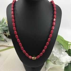 Long Red Bead Necklace Goldtone Charm approx 30"